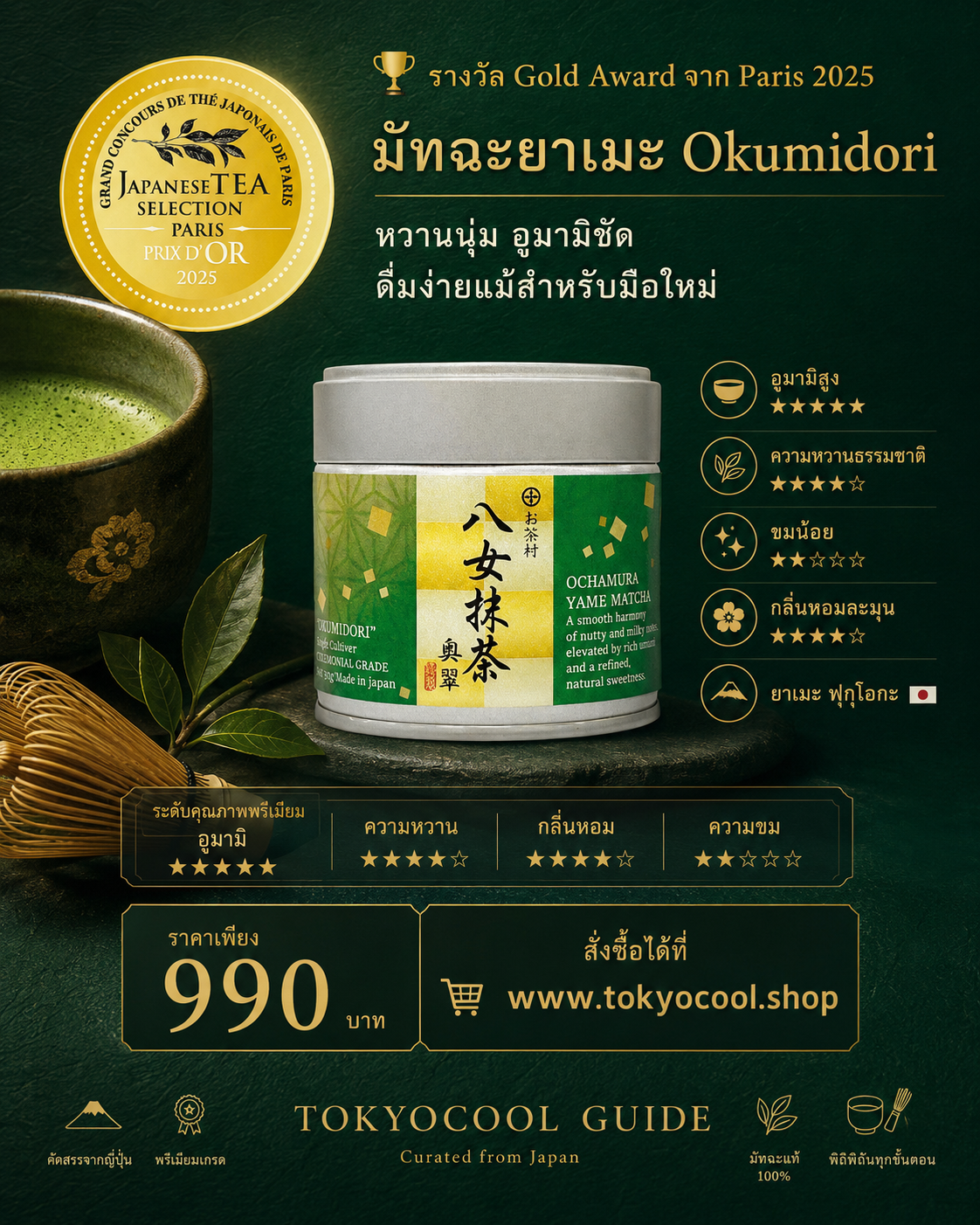 (สินค้าพรีออเดอร์)Yame Matcha Okumidori Gold Award 2025 มัทฉะยาเมะพรีเมียมจากญี่ปุ่น 40g | ชาเขียวเกรดพรีเมียมจากญี่ปุ่น(Made in Japan)